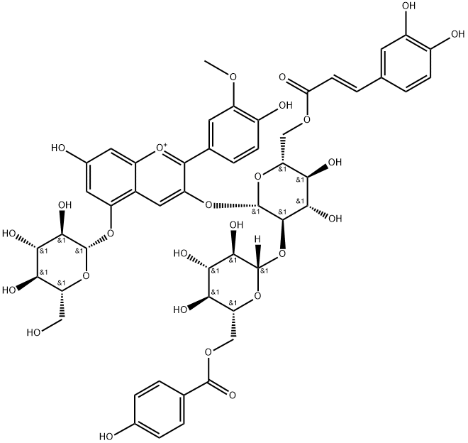 芍药色素-3-O-[6-O-(E)-咖啡酰-2-O-{6-O-对羟基苯甲酰-Β-D-葡萄糖苷}-Β-D-葡萄糖苷]-5-O-Β-D-葡萄糖苷结构式