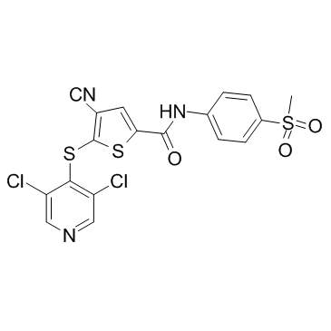 4-氰基-5-[(3,5-二氯-4-吡啶基)硫基]-N-[4-(甲基磺酰基)苯基]-2-噻吩甲酰胺结构式