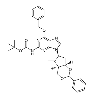 tert-butyl 6-(benzyloxy)-9-((4aR,6S,7aS)-5-methylene-2-phenylhexahydrocyclopenta[d][1,3]dioxin-6-yl)-9H-purin-2-ylcarbamate结构式