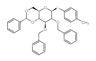 4-甲基-2,3-双-O-(苯基甲基)-4,6-O-[(R)-苯基亚甲基]-1-硫代-β-D-吡喃葡萄糖苷苯酯结构式