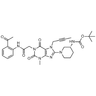 (R)-叔丁基(1-(1-(2-((2-乙酰苯基)氨基)-2-氧乙基)-7-(丁-2-炔-1-基)-3-甲基-2,2,6-二氧代-2,3,6,7-四氢-1H-嘌呤-8-基)哌啶-3-基)氨基甲酸叔丁酯(利格列汀杂质)结构式