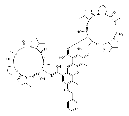 2-amino-7-(benzylamino)-4,6-dimethyl-3-oxo-1-N,9-N-bis[7,11,14-trimethyl-2,5,9,12,15-pentaoxo-3,10-di(propan-2-yl)-8-oxa-1,4,11,14-tetrazabicyclo[14.3.0]nonadecan-6-yl]phenoxazine-1,9-dicarboxamide结构式