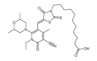 11-[5-[[5-cyano-2-(2,6-dimethylmorpholin-4-yl)-1-ethyl-4-methyl-6-oxopyridin-3-yl]methylidene]-4-oxo-2-sulfanylidene-1,3-thiazolidin-3-yl]undecanoic acid结构式