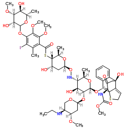 S-[(2R,3S,4S,6S)-6-({[(2R,3S,4S,5R,6S)-5-{[(2S,4S,5S)-5-(Ethylamino)-4-methoxytetrahydro-2H-pyran-2-yl]oxy}-4-hydroxy-6-({(9R,14S)-9-hydroxy-14-[(methoxycarbonyl)amino]-15-oxo-13-thiatetracyclo[7.4.3.01,10.03,8]hexadeca-3,5,7,10-tetraen-2-yl}oxy)-2-methyltetrahydro-2H-pyran-3-yl]amino}oxy)-4-hydroxy-2-methyltetrahydro-2H-pyran-3-yl] 4-{[(3R,4R,5S,6S)-3,5-dihydroxy-4-methoxy-6-methyltetrahydro-2H-pyran-2-yl]oxy}-3-iodo-5,6-dimethoxy-2-me Structure