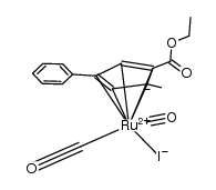 (η5-1-(CO2C2H5)-2-methyl-4-phenylcyclopentadienyl)dicarbonylruthenium(II) iodide结构式