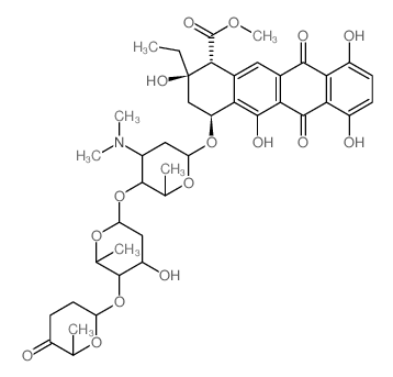1-Naphthacenecarboxylicacid,2-ethyl-1,2,3,4,6,11-hexahydro-2,5,7,10-tetrahydroxy-6,11-dioxo-4-[[2,3,6-trideoxy-4-O-[2,6-dideoxy-4-O-[(2R,6S)-tetrahydro-6-methyl-5-oxo-2H-pyran-2-yl]-a-L-lyxo-hexopyran结构式