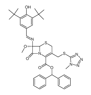 (6R)-7t-(3,5-di-tert-butyl-4-hydroxy-benzylideneamino)-7c-methoxy-3-(1-methyl-1H-tetrazol-5-ylsulfanylmethyl)-8-oxo-(6rH)-5-thia-1-aza-bicyclo[4.2.0]oct-2-ene-2-carboxylic acid benzhydryl ester结构式
