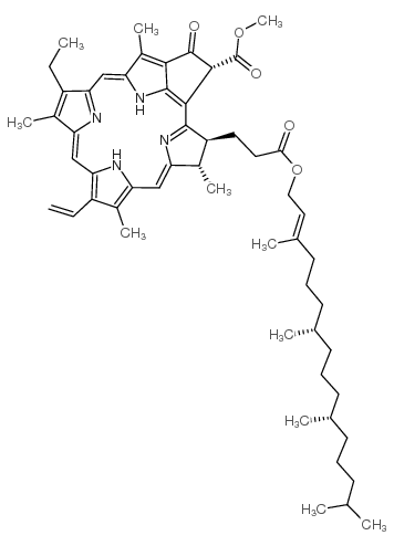 3,7,11,15-tetramethylhexadec-2-en-1-yl [3S-[3alpha(2E,7S*,11S*),4beta,21beta]]-14-ethyl-21-(methoxycarbonyl)-4,8,13,18-tetramethyl-20-oxo-9-vinylphorbine-3-propionate structure