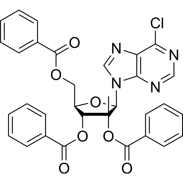 6-氯-9-(2,3,5-三苯甲酰氧基-2-C-甲基-beta-D-呋喃核糖基)-9H-嘌呤结构式