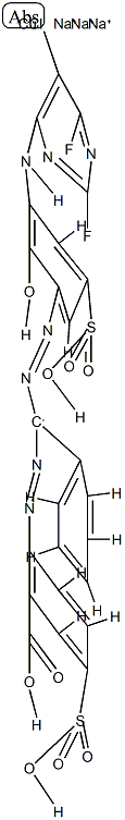 trisodium [2-[[alpha-[[3-[(5-chloro-2,6-difluoro-4-pyrimidinyl)amino]-2-hydroxy-5-sulphophenyl]azo]benzyl]azo]-5-sulphobenzoato(5-)]cuprate(3-) Structure