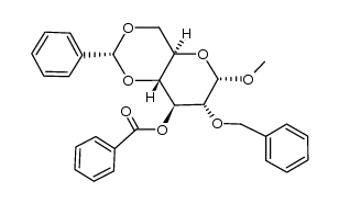 Methyl 3-O-benzoyl-2-O-benzyl-4,6-O-benzylidene-α-D-glucopyranoside结构式