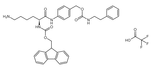 (9H-fluoren-9-yl)methyl (S)-(6-amino-1-oxo-1-((4-(((phenethylcarbamoyl)oxy)methyl)phenyl)amino)hexan-2-yl)carbamate 2,2,2-trifluoroacetate Structure