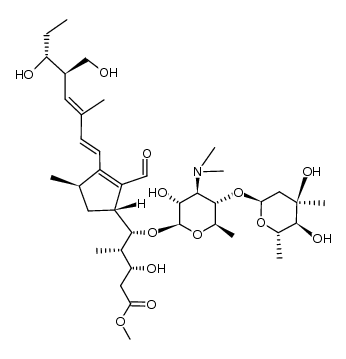 methyl 5-[2-formyl-3-(6-hydroxy-5-hydroxymethyl-3-methylocta-1,3-dienyl)-4-methylcyclopent-2-enyl]-5-[α-L-mycarosyl-(1->4)-β-D-mycaminosyloxy]valerate Structure