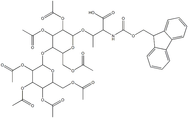 N-[芴甲氧羰基]-O-[2,3,6-三-O-乙酰基-4-O-(2,3,4,6-四-O-乙酰基-BETA-D-吡喃半乳糖基)-BETA-D-吡喃葡萄糖基]-L-苏氨酸结构式