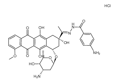 4-amino-N'-(1-((2S,4S)-4-(((2R,4S,5S,6S)-4-amino-5-hydroxy-6-methyltetrahydro-2H-pyran-2-yl)oxy)-2,5,12-trihydroxy-7-methoxy-6,11-dioxo-1,2,3,4,6,11-hexahydrotetracen-2-yl)ethylidene)benzohydrazide hydrochloride结构式