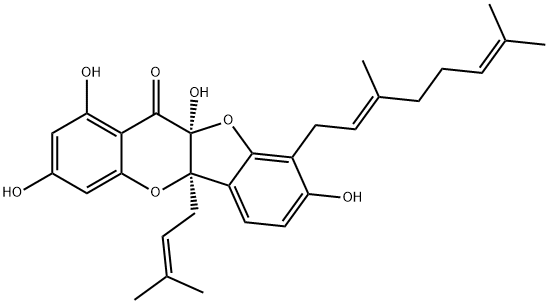 11H-Benzofuro[3,2-b][1]benzopyran-11-one, 9-[(2E)-3,7-dimethyl-2,6-octadien-1-yl]-5a,10a-dihydro-1,3,8,10a-tetrahydroxy-5a-(3-methyl-2-buten-1-yl)-, (5aR,10aS)- structure