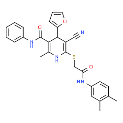 5-cyano-6-((2-((3,4-dimethylphenyl)amino)-2-oxoethyl)thio)-4-(furan-2-yl)-2-methyl-N-phenyl-1,4-dihydropyridine-3-carboxamide结构式