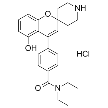 N,N-二乙基-4-(5-羟基螺[2H-1-苯并吡喃-2,4'-哌啶]-4-基)苯甲酰胺盐酸盐结构式