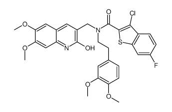 Benzo[b]thiophene-2-carboxamide, 3-chloro-N-[(1,2-dihydro-6,7-dimethoxy-2-oxo-3-quinolinyl)methyl]-N-[2-(3,4-dimethoxyphenyl)ethyl]-6-fluoro- (9CI)结构式
