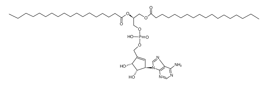 (2S)-3-(((((3R,4S,5R)-3-(6-amino-9H-purin-9-yl)-4,5-dihydroxycyclopent-1-en-1-yl)methoxy)(hydroxy)phosphoryl)oxy)propane-1,2-diyl distearate Structure