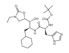 Boc-His amide of (1'R,2'S,5S)-5-[2'-amino-3'-cyclohexyl-1'-hydroxypropyl]-3-ethyloxazolidin-2-one结构式