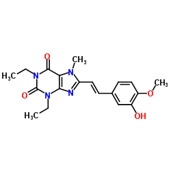 1,3-二乙基-8-[(E)-2-(3-羟基-4-甲氧基苯基)乙烯基]-7-甲基嘌呤-2,6-二酮结构式