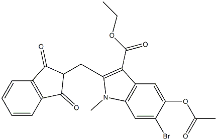 乙基 5-乙酰氧基-6-溴-2-((1,3-二羰基-2,3-二氢-1H-茚-2-基)甲基)-1-甲基-1H-吲哚-3-羧酸酯结构式