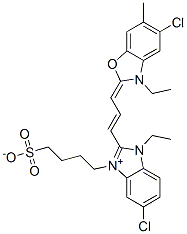5-氯-1-乙基-2-[3-(5-氯-3-乙基-6-甲基-2(3H)-苯并恶唑亚基)-1-丙烯基]-3-(4-磺丁基)苯并咪唑内翁盐结构式
