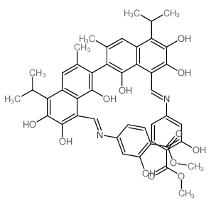Salicylic acid,4,4'-[(1,1',6,6',7,7'-hexahydroxy-5,5'-diisopropyl-3,3'-dimethyl[2,2'-binaphthalene]-8,8'-diyl)bis(methylidynenitrilo)]di-,dimethyl ester (8CI)结构式