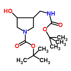4-叔丁氧羰基氨甲基-1-N-叔丁氧羰基吡咯烷-3-醇结构式