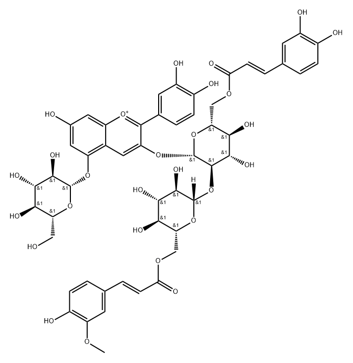 矢车菊素-3-O-[6-O-反式-咖啡酰-(6-O-反式-阿魏酰-2-O-Β-葡萄糖苷)]-Β-葡萄糖苷)-5-O-Β-葡萄糖苷结构式