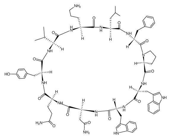 Cyclo(L-Asn-L-Gln-L-Tyr-L-Val-L-Orn-L-Leu-D-Phe-L-Pro-L-Trp-D-Trp-)结构式