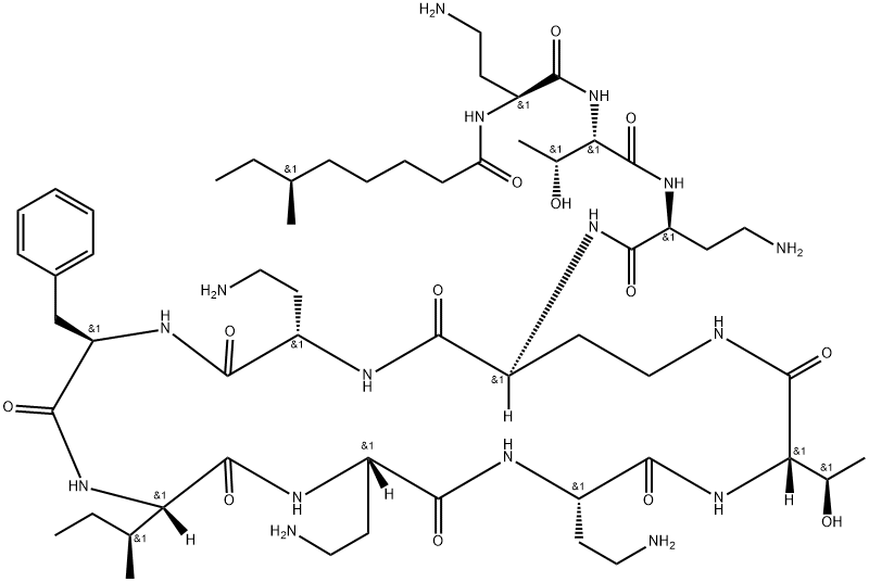 L-Threonine, (2S)-4-amino-2-[[(6S)-6-methyl-1-oxooctyl]amino]butanoyl-L-threonyl-(2S)-2,4-diaminobutanoyl-(2S)-2,4-diaminobutanoyl-(2S)-2,4-diaminobutanoyl-D-phenylalanyl-L-isoleucyl-(2S)-2,4-diaminobutanoyl-(2S)-2,4-diaminobutanoyl-, (10→4)-lactam Structure