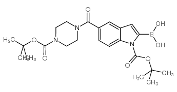 2-硼-5-[[4-[(1,1-二甲基乙氧基)羰基]-1-哌嗪基]羰基]-1H-吲哚-1-羧酸-1-(1,1-二甲基乙基)酯结构式
