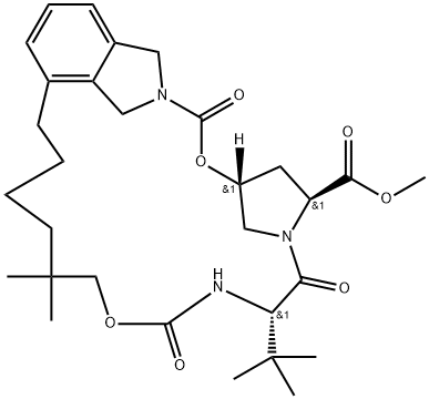 Methyl (1R,21S,24S)-21-tert-butyl-16,16-dimethyl-3,19,22-trioxo-2,18-dioxa-4,20,23-triazatetracyclo[21.2.1.1(4,7).0(6,11)]heptacosa-6,8,10-triene-24-carboxylate Structure