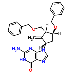 2-amino-9-((1S,3R,4S)-4-(benzyloxy)-3-(benzyloxymethyl)-2-methylenecyclopentyl)-1H-purin-6(9H)-one structure