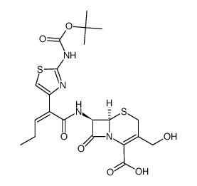 (6R,7R)-7-((Z)-2-(2-((tert-butoxycarbonyl)amino)thiazol-4-yl)pent-2-enamido)-3-(hydroxymethyl)-8-oxo-5-thia-1-azabicyclo[4.2.0]oct-2-ene-2-carboxylic acid结构式