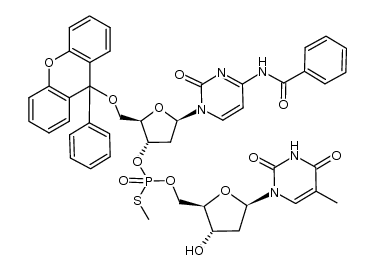 O-((2R,3S,5R)-5-(4-benzamido-2-oxopyrimidin-1(2H)-yl)-2-(((9-phenyl-9H-xanthen-9-yl)oxy)methyl)tetrahydrofuran-3-yl)O-(((2R,3S,5R)-3-hydroxy-5-(5-methyl-2,4-dioxo-3,4-dihydropyrimidin-1(2H)-yl)tetrahydrofuran-2-yl)methyl)S-methyl phosphorothioate结构式