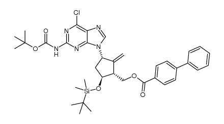 9-[(1S,3R,4S)-4-tert-butyldimethylsilyloxy-3-([1,1'-biphenyl]-4-formyloxymethyl)-2-methylene-cyctopentyl]-6-chloro-9H-purine-2-carbamic acid tert-butyl ester结构式