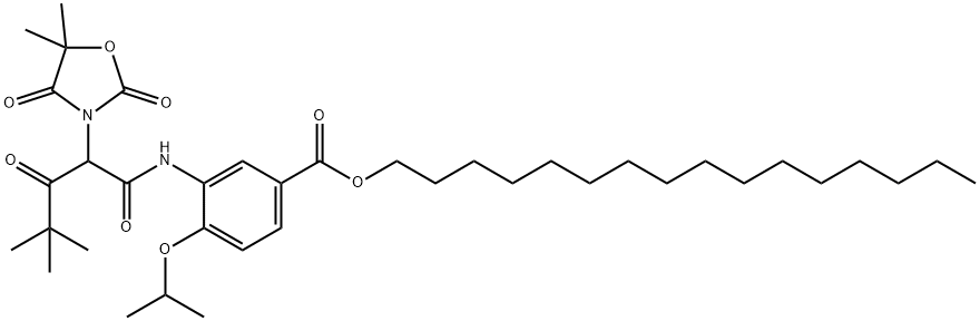hexadecyl 3-{[2-(5,5-dimethyl-2,4-dioxo-1,3-oxazolidin-3-yl)-4,4-dimethyl-3-oxopentanoyl]amino}-4-(1-methylethoxy)benzoate Structure