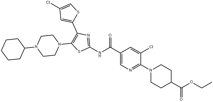 (3-Chloro-5-([4-(4-chlorothiophen-2-yl)-5-(4-cyclohexylpiperazin-1-yl)thiazol-2-yl]carbamoyl)-2-pyridine Yl) piperidine-4-carboxylic acid ethyl ester Structure