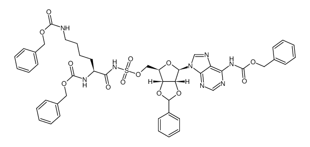 6-N-benzyloxycarbonyl-2',3'-O-benzylidene-5'-O-[N-(N-Cbz-L-lysinyl(ε-Cbz))sulfamoyl]adenosine结构式