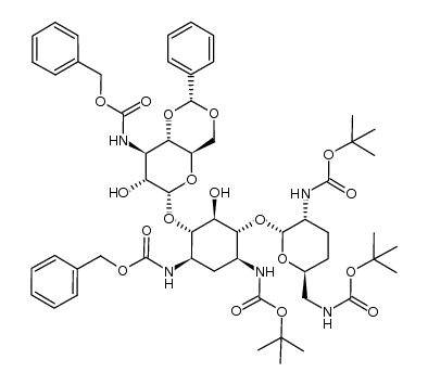 4'',6''-O-benzylidene-1,3''-bis(N-benzyloxycarbonyl)-3,2',6'-tris(N-tert-butoxycarbonyl)dibekacin结构式