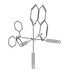 fac-[(η1-(tricyclohexylphosphine))(η2-(1,10-phenanthroline))Mo(CO)3]结构式