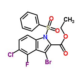 1-Benzenesulfony-3-bromo-5-chloro-4-fluoro-1H-indole-2-carboxylic acid ethyl ester Structure