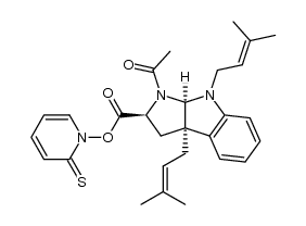 (2S,3aR,8aR)-2-thioxopyridin-1(2H)-yl 1-acetyl-3a,8-bis(3-methylbut-2-en-1-yl)-1,2,3,3a,8,8a-hexahydropyrrolo[2,3-b]indole-2-carboxylate Structure
