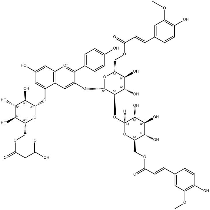 天竺葵色素-3-O-[6-O-(E)-阿魏酰基-2-O-{6-O-(E)-阿魏酰基-Β-D-葡萄糖苷}-Β-D-葡萄糖苷]-5-O-(6-O-丙二酰基)-Β-D-葡萄糖苷结构式