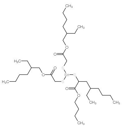 4-丁基-10-乙基-4-[[2-[(2-乙基己基)氧]-2-氧乙基]硫基]-7-氧-8-氧杂-3,5-二硫杂-4-十四烷锡酸-2-乙基己酯结构式