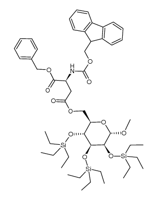 α-benzyl-β-carboxy-(methyl 2,3,4-tri-O-triethylsilyl-α-D-mannopyranos-6-O-yl)-N-9-fluorenylmethoxycarbonyl-L-aspartic acid结构式