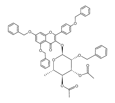 5,7-双-(苄氧基)-α-(4-(苄氧基)苯基)-3-[3,4-二-O-乙酰基-α-O-乙酰基-α-L-鼠李糖基吡喃糖基氧基]-4H-色烯-4-酮结构式